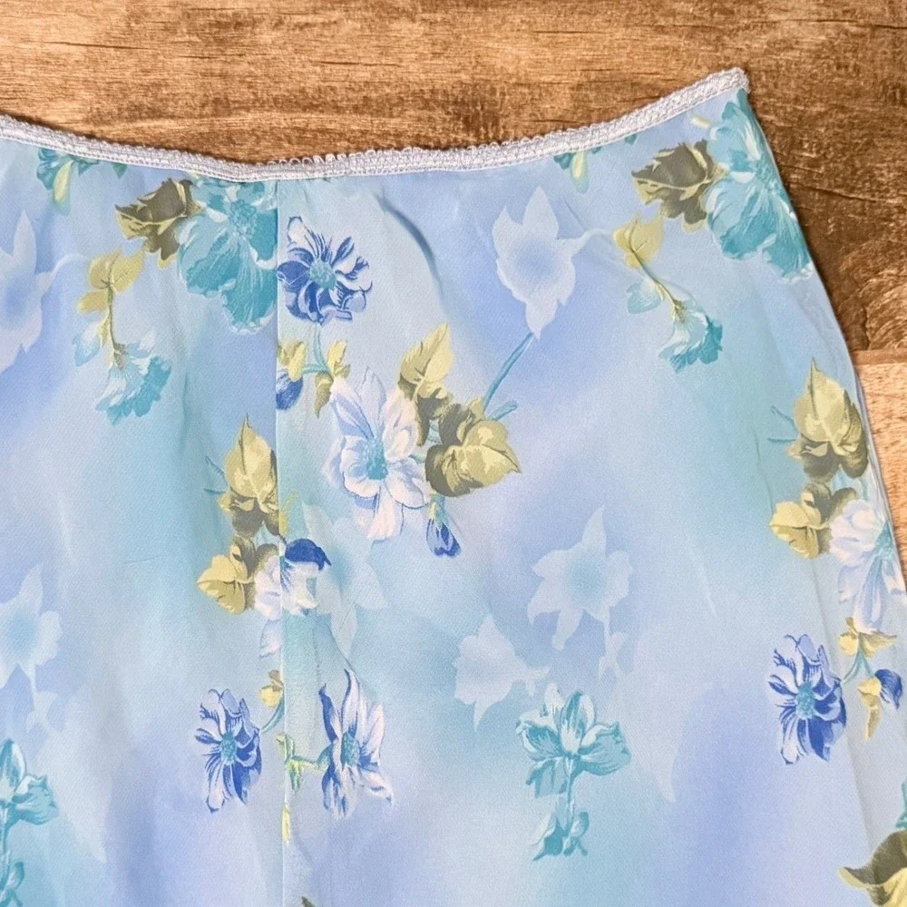 Jonathan Martin Studio Womens 90s Floral Lettuce-Hem Mesh Midi Skirt, Blue,M